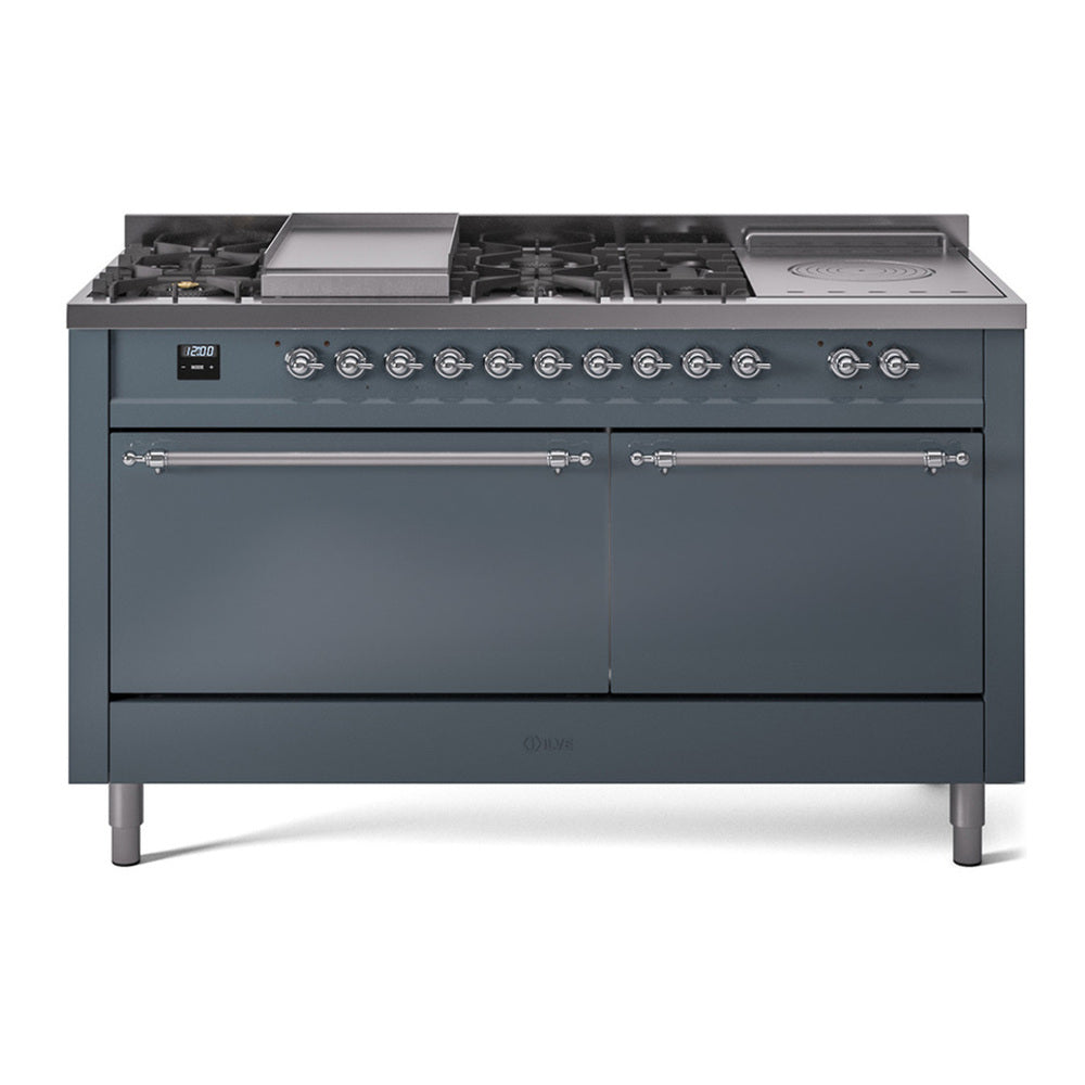 ILVE Nostalgie II 60" Dual Fuel Range - Double Ovens, 7 Burners + Griddle + French Top - Solid Door - Blue Grey / Chrome / Natural Gas