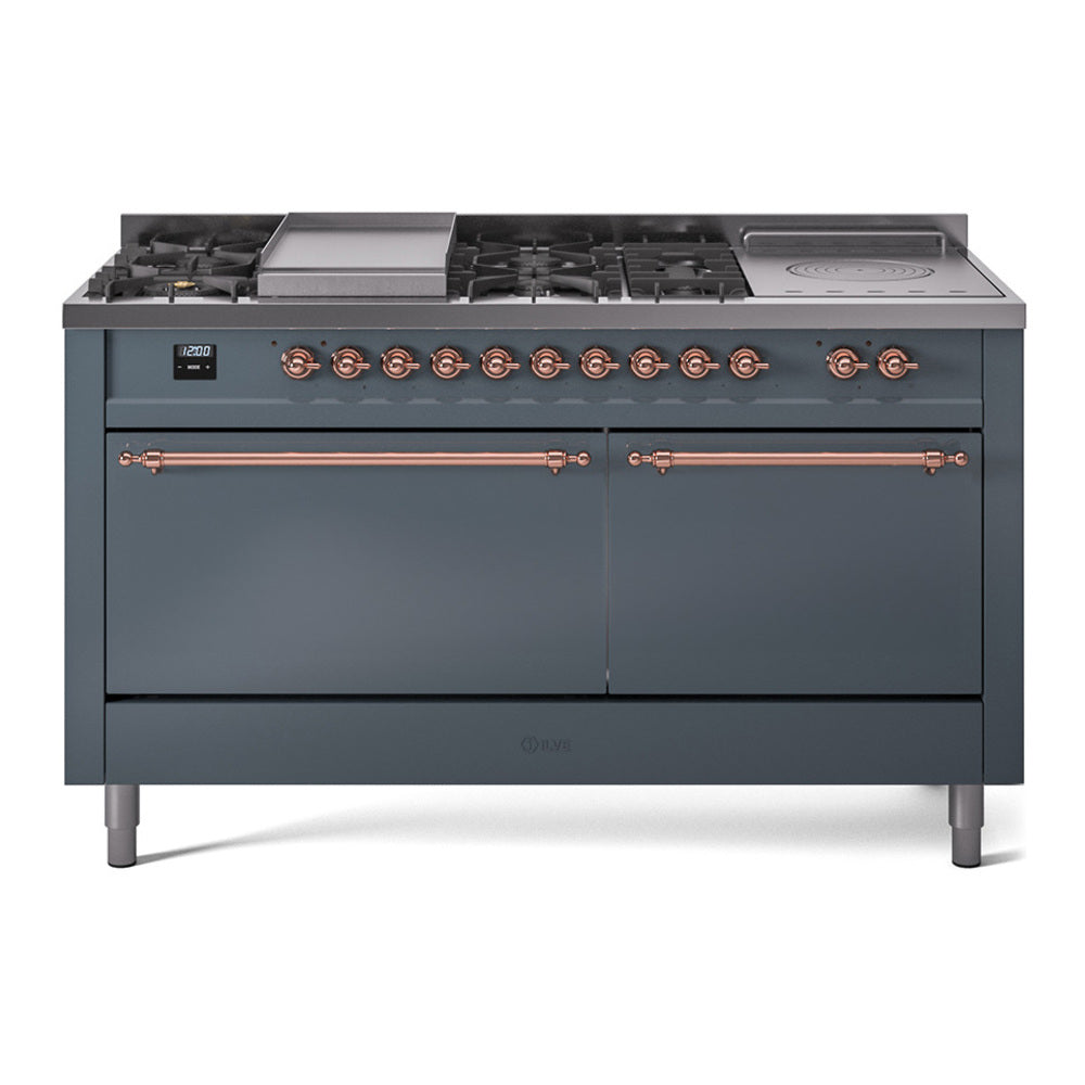 ILVE Nostalgie II 60" Dual Fuel Range - Double Ovens, 7 Burners + Griddle + French Top - Solid Door - Blue Grey / Copper / Natural Gas