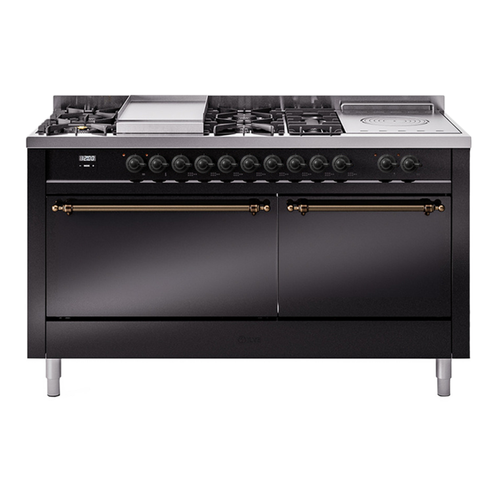 ILVE Nostalgie II 60" Dual Fuel Range - Double Ovens, 7 Burners + Griddle + French Top - Solid Door - Glossy Black / Bronze / Natural Gas