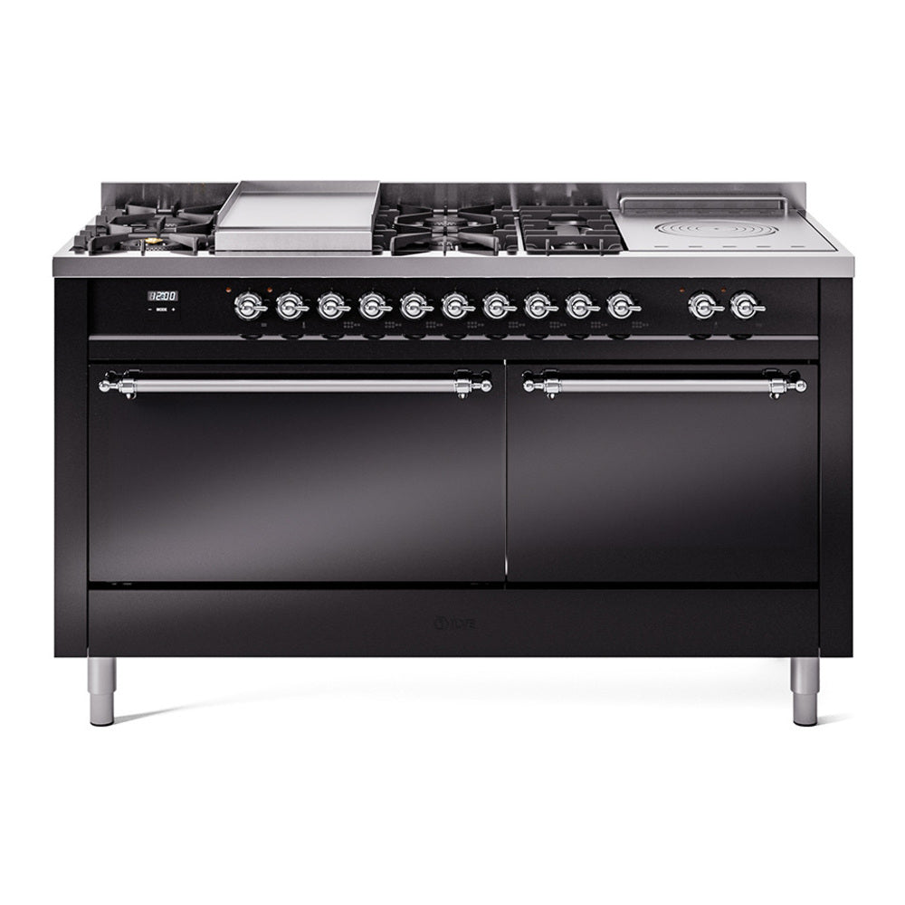 ILVE Nostalgie II 60" Dual Fuel Range - Double Ovens, 7 Burners + Griddle + French Top - Solid Door - Glossy Black / Chrome / Natural Gas