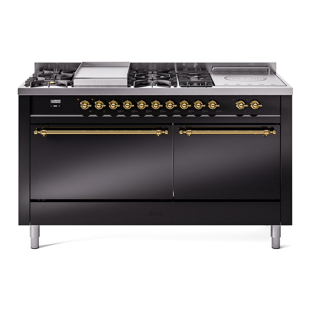 ILVE Nostalgie II 60" Dual Fuel Range - Double Ovens, 7 Burners + Griddle + French Top - Solid Door - Glossy Black / Brass / Natural Gas