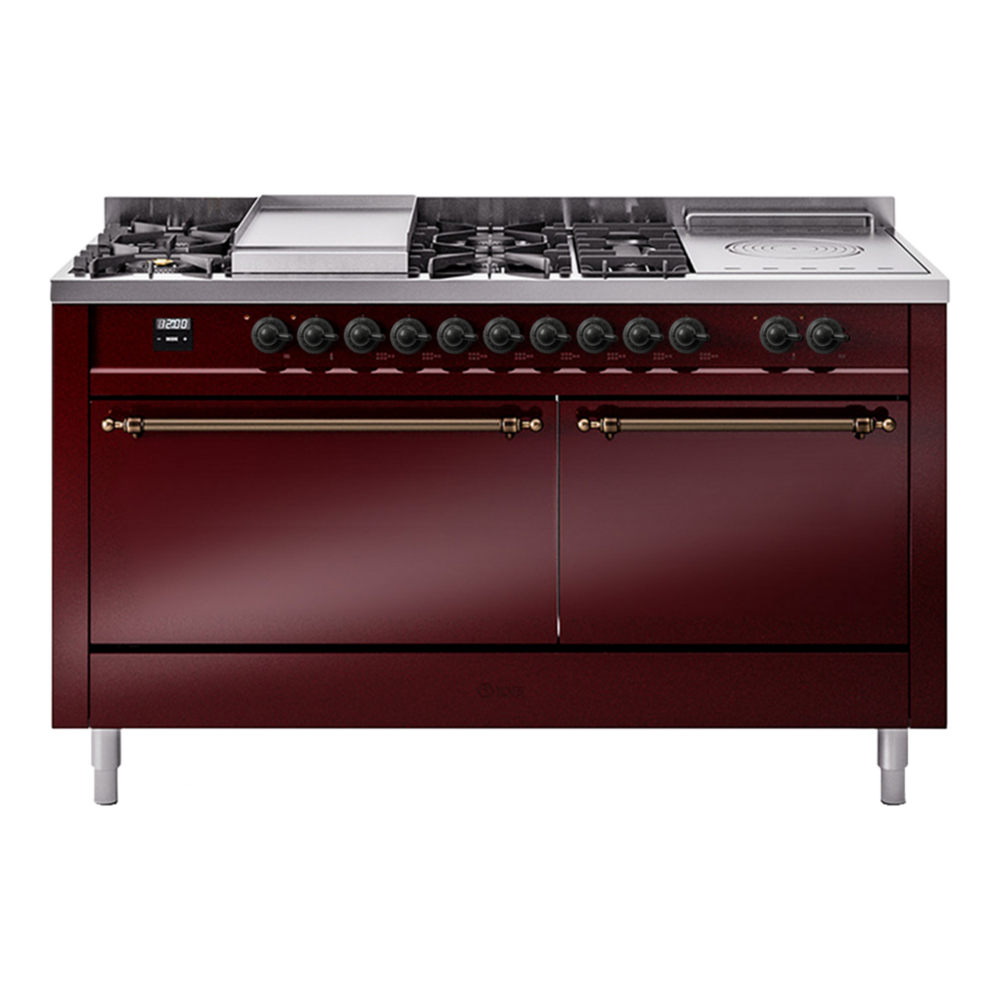 ILVE Nostalgie II 60" Dual Fuel Range - Double Ovens, 7 Burners + Griddle + French Top - Solid Door - Burgundy / Bronze / Natural Gas
