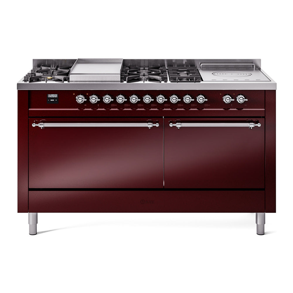 ILVE Nostalgie II 60" Dual Fuel Range - Double Ovens, 7 Burners + Griddle + French Top - Solid Door - Burgundy / Chrome / Natural Gas