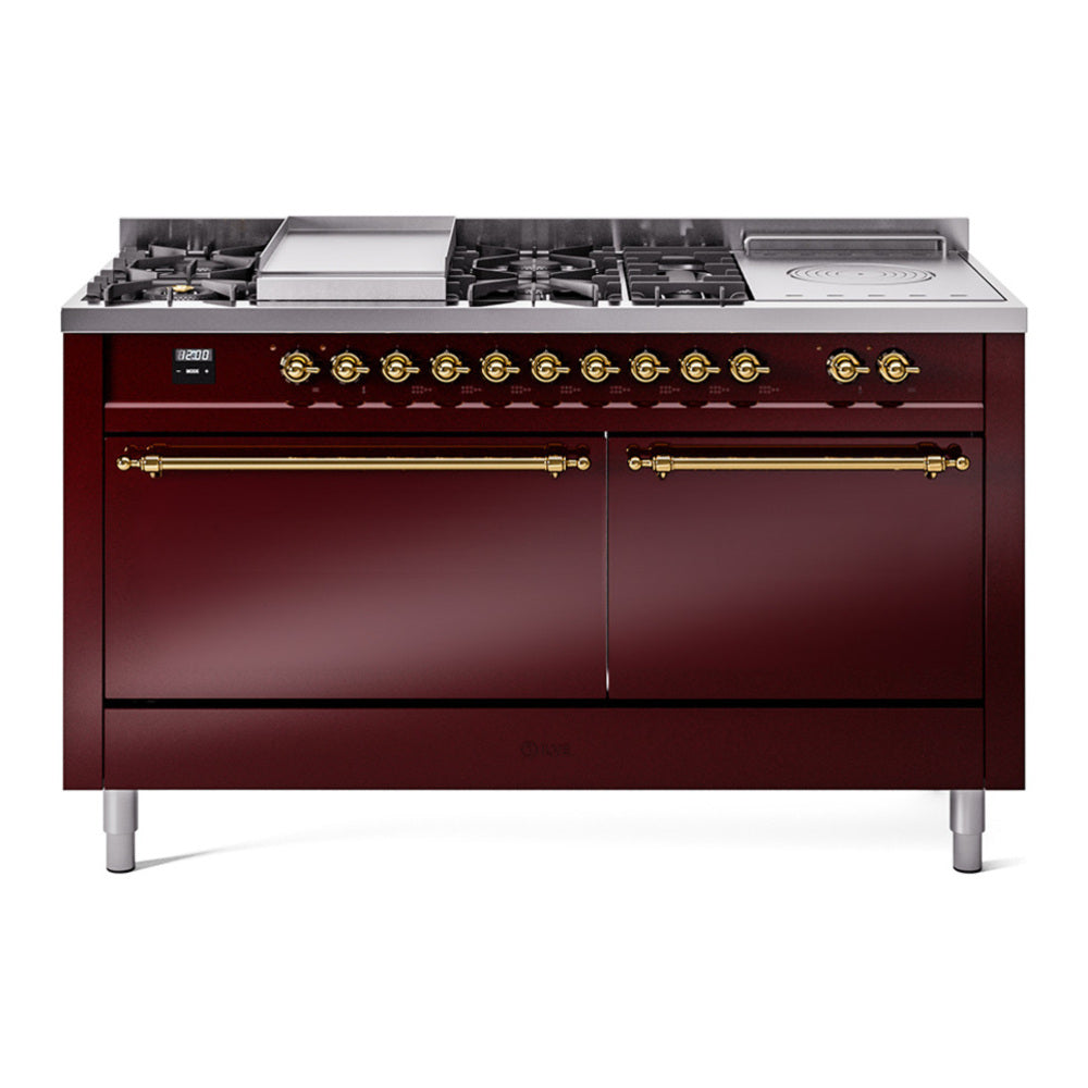 ILVE Nostalgie II 60" Dual Fuel Range - Double Ovens, 7 Burners + Griddle + French Top - Solid Door - Burgundy / Brass / Natural Gas
