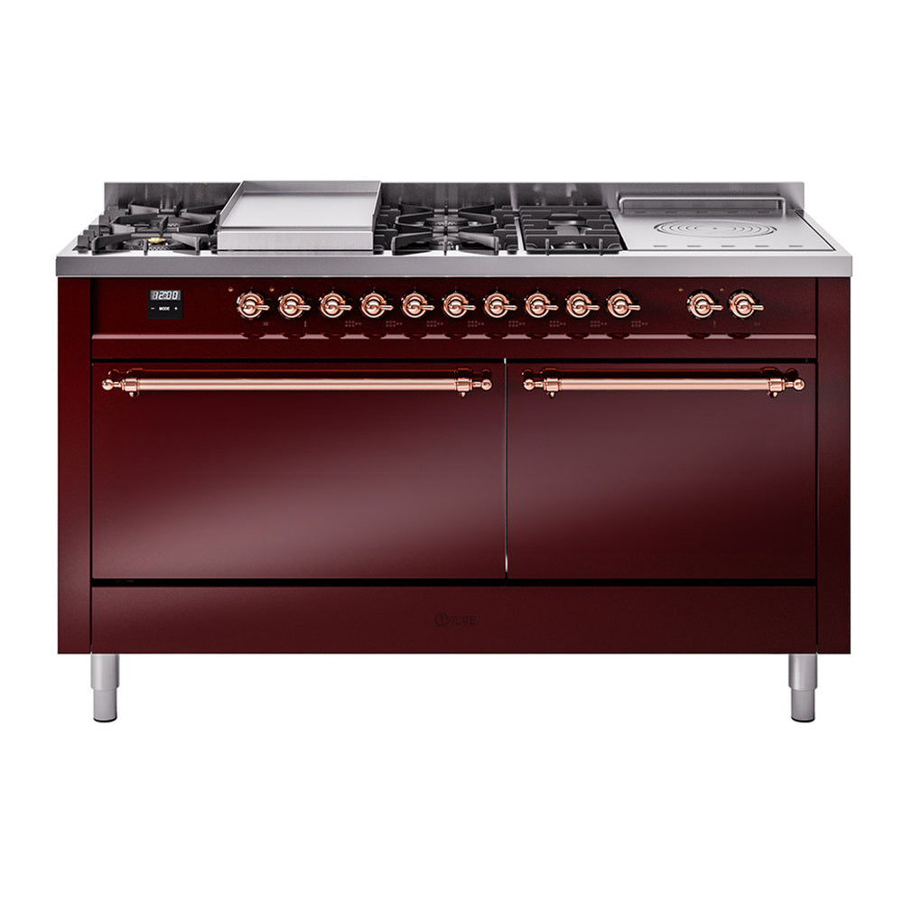 ILVE Nostalgie II 60" Dual Fuel Range - Double Ovens, 7 Burners + Griddle + French Top - Solid Door - Burgundy / Copper / Natural Gas