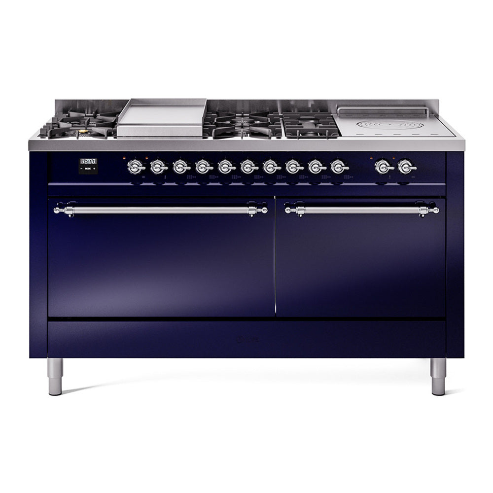 ILVE Nostalgie II 60" Dual Fuel Range - Double Ovens, 7 Burners + Griddle + French Top - Solid Door - Midnight Blue / Chrome / Natural Gas