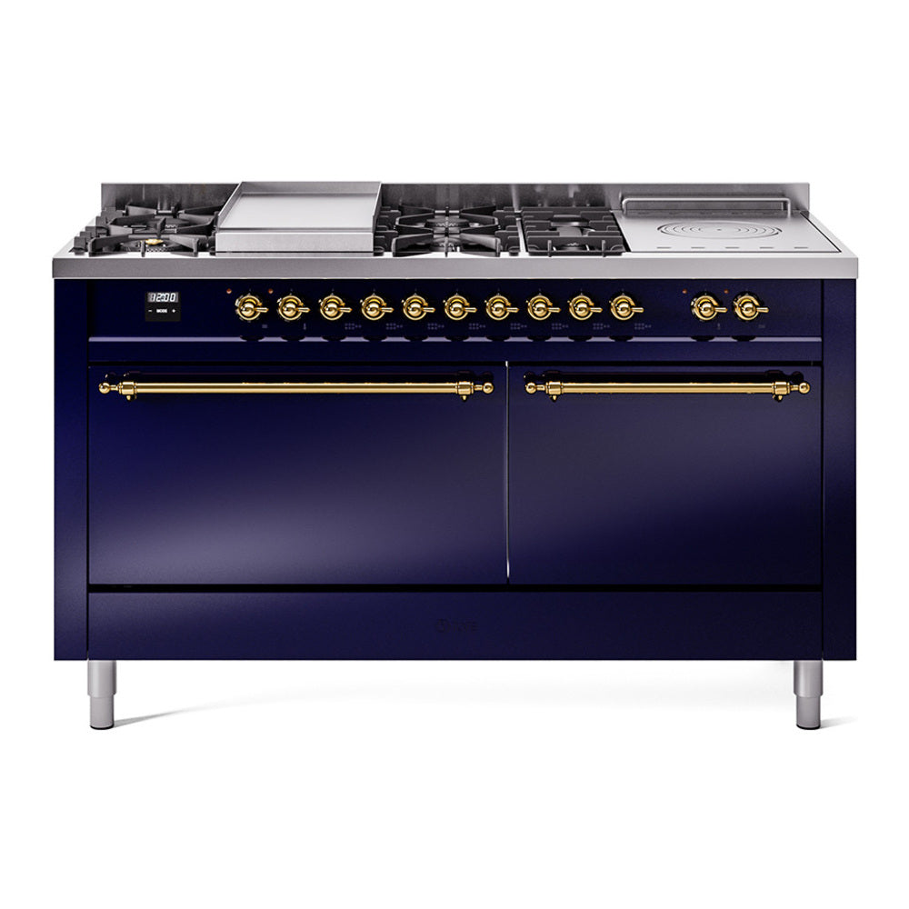 ILVE Nostalgie II 60" Dual Fuel Range - Double Ovens, 7 Burners + Griddle + French Top - Solid Door - Midnight Blue / Brass / Natural Gas