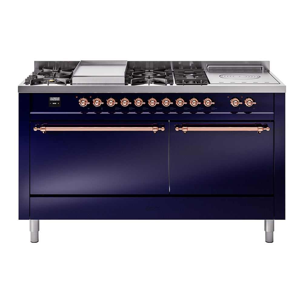 ILVE Nostalgie II 60" Dual Fuel Range - Double Ovens, 7 Burners + Griddle + French Top - Solid Door - Midnight Blue / Copper / Natural Gas