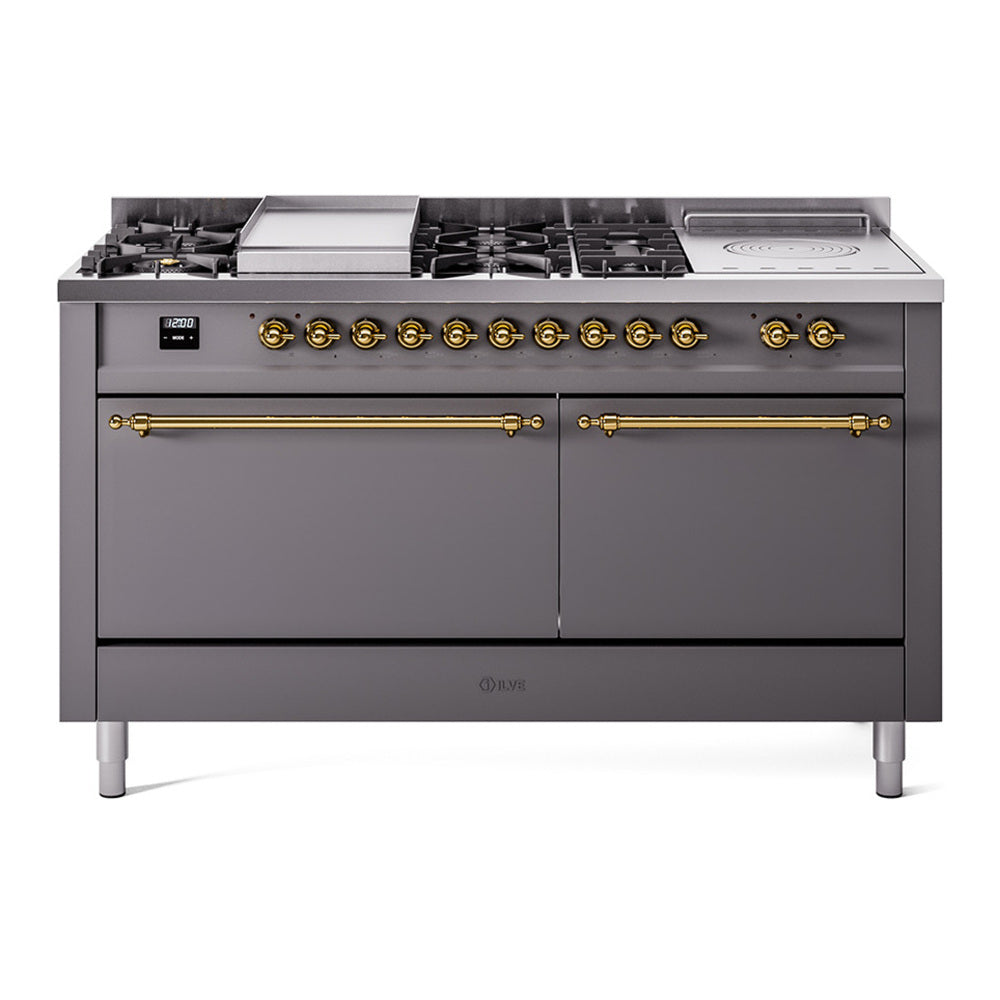 ILVE Nostalgie II 60" Dual Fuel Range - Double Ovens, 7 Burners + Griddle + French Top - Solid Door - Graphite Matte / Brass / Natural Gas