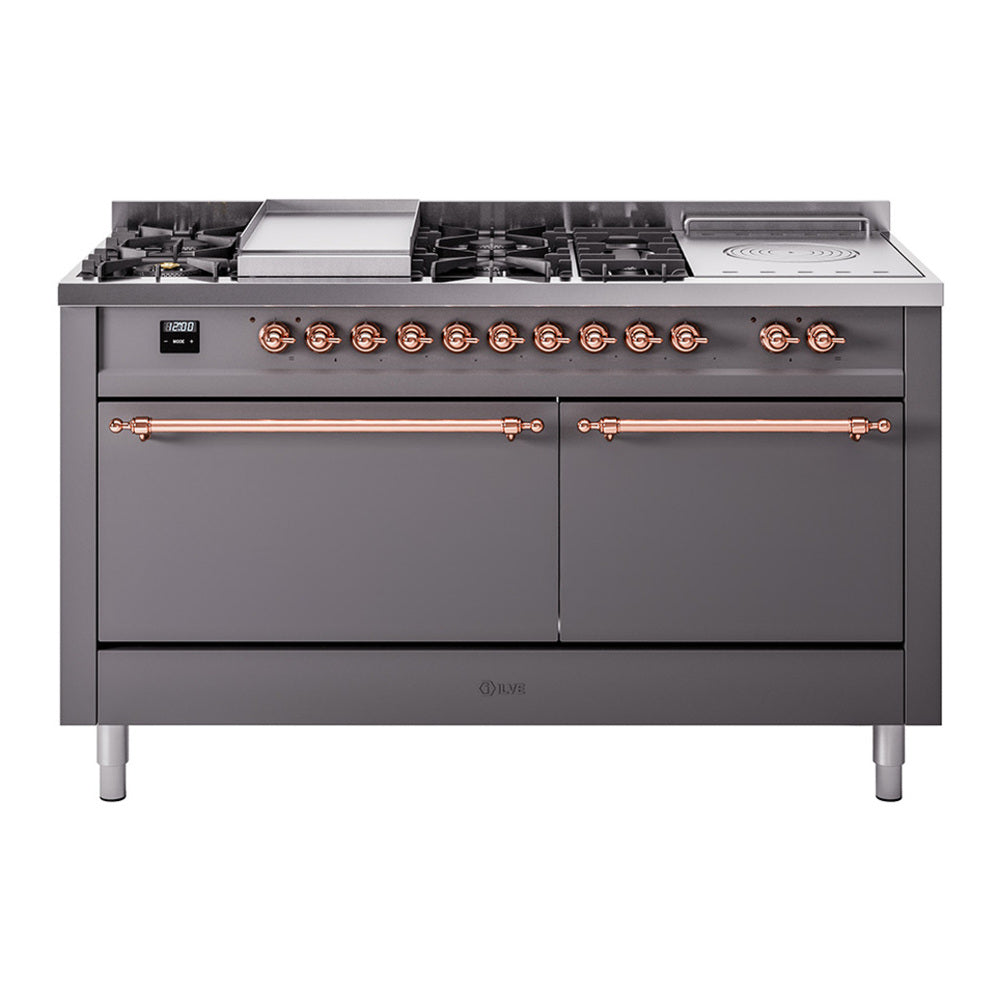 ILVE Nostalgie II 60" Dual Fuel Range - Double Ovens, 7 Burners + Griddle + French Top - Solid Door - Graphite Matte / Copper / Natural Gas