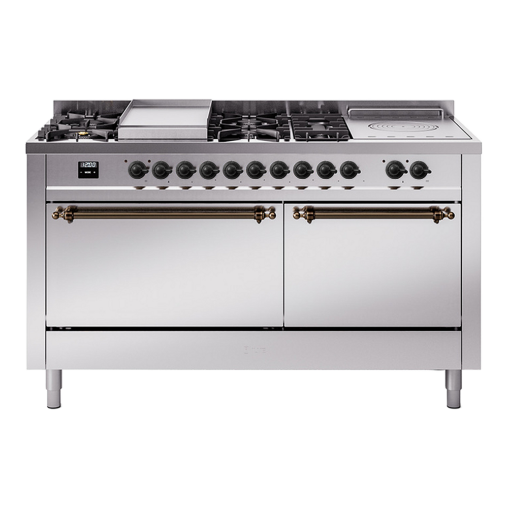 ILVE Nostalgie II 60" Dual Fuel Range - Double Ovens, 7 Burners + Griddle + French Top - Solid Door - Stainless Steel / Bronze / Natural Gas