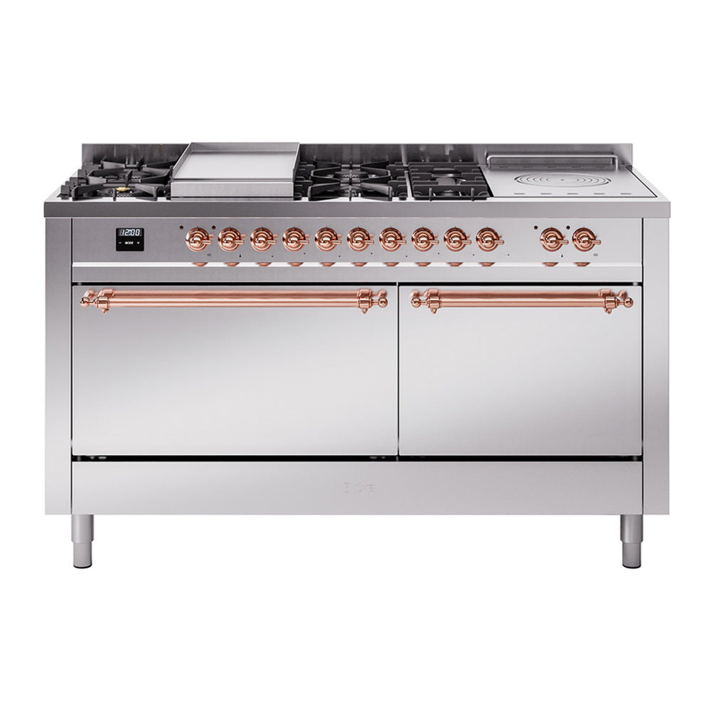 ILVE Nostalgie II 60" Dual Fuel Range - Double Ovens, 7 Burners + Griddle + French Top - Solid Door - Stainless Steel / Copper / Natural Gas