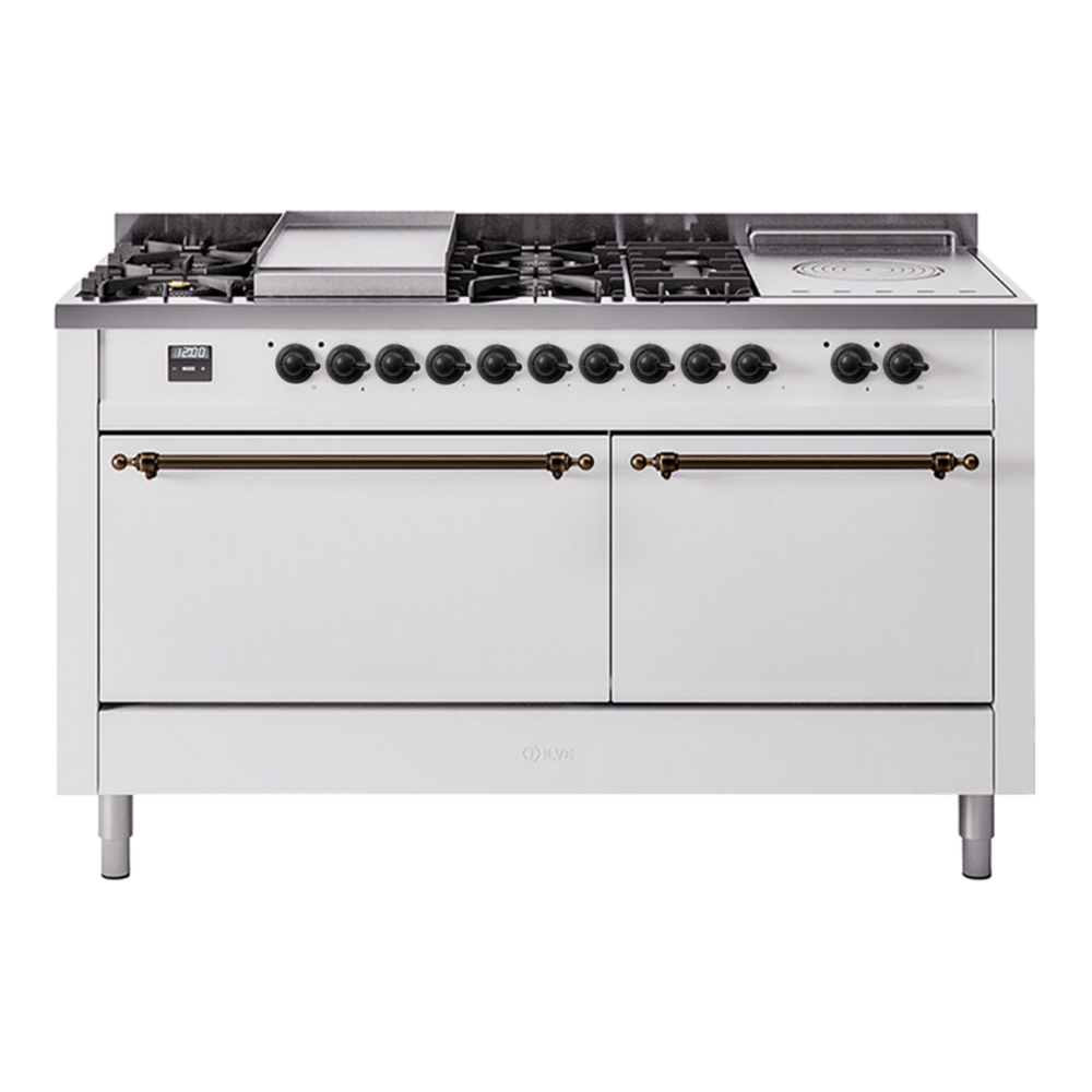 ILVE Nostalgie II 60" Dual Fuel Range - Double Ovens, 7 Burners + Griddle + French Top - Solid Door - White / Bronze / Natural Gas