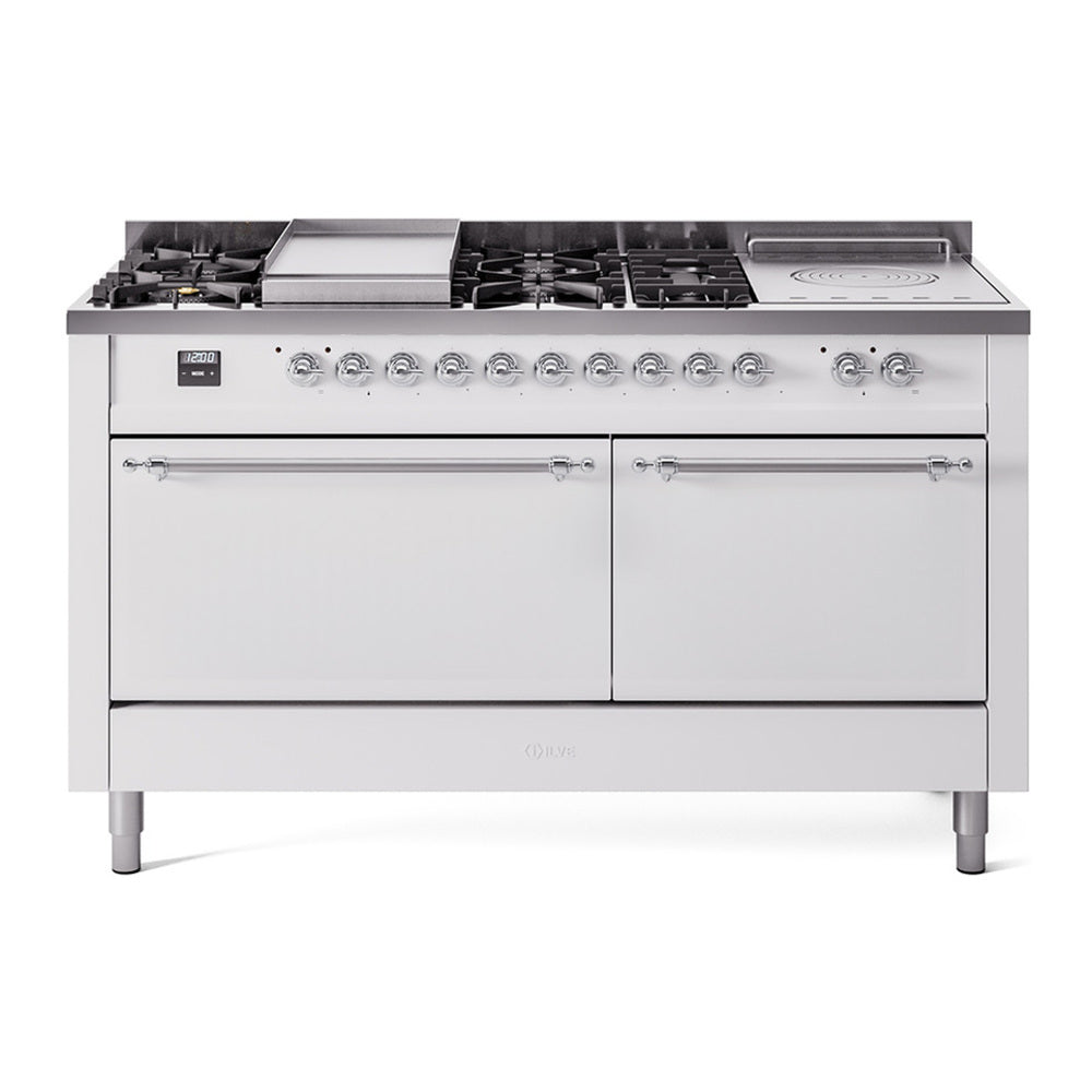 ILVE Nostalgie II 60" Dual Fuel Range - Double Ovens, 7 Burners + Griddle + French Top - Solid Door - White / Chrome / Natural Gas