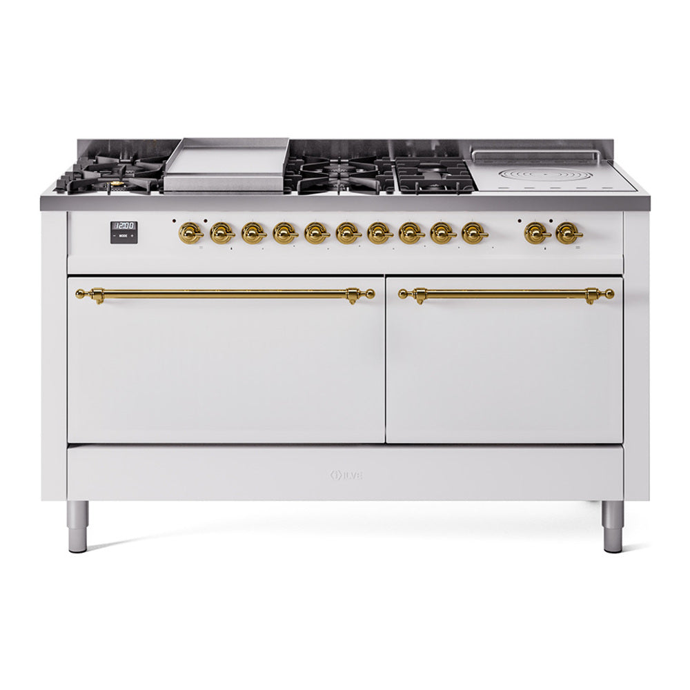 ILVE Nostalgie II 60" Dual Fuel Range - Double Ovens, 7 Burners + Griddle + French Top - Solid Door - White / Brass / Natural Gas