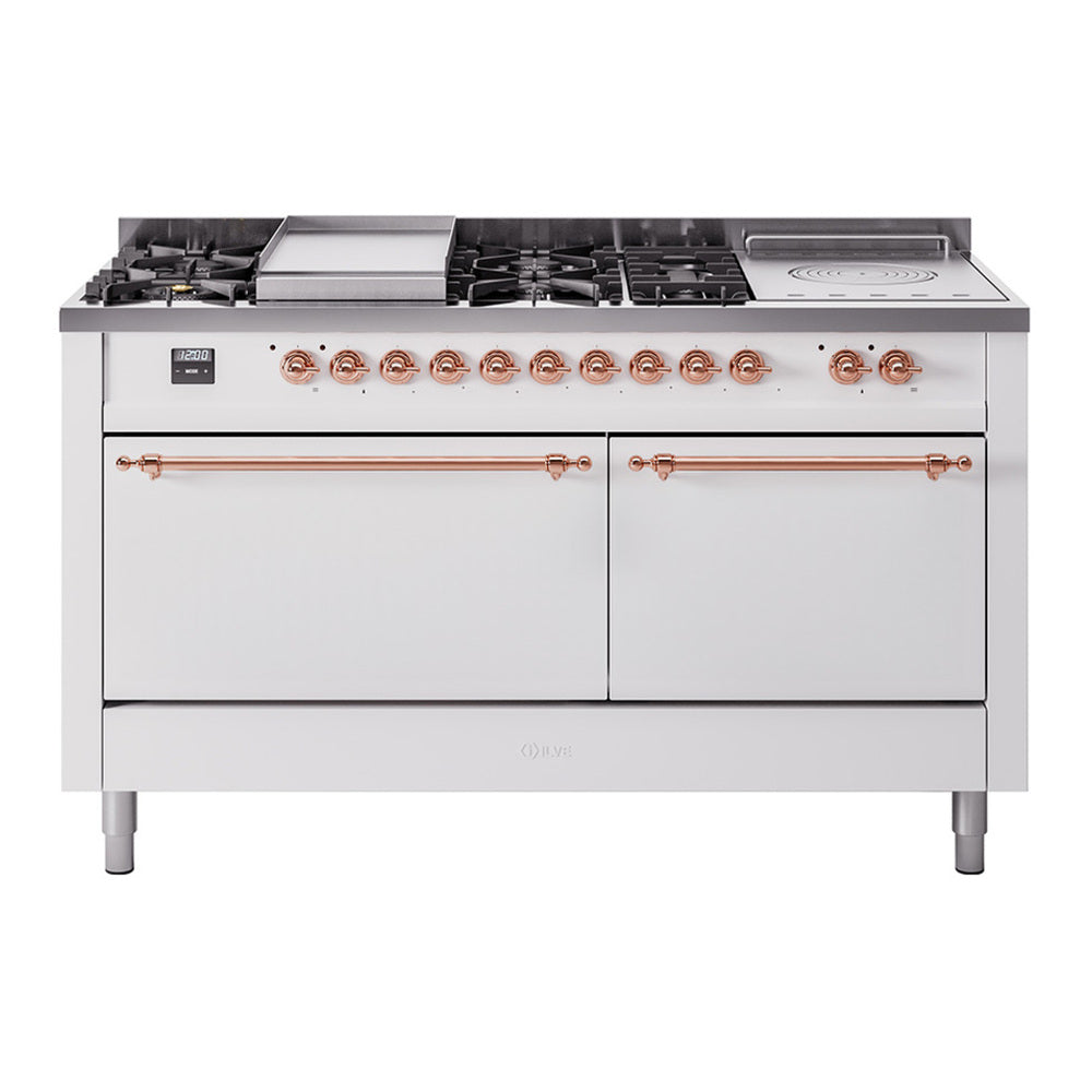 ILVE Nostalgie II 60" Dual Fuel Range - Double Ovens, 7 Burners + Griddle + French Top - Solid Door - White / Copper / Natural Gas