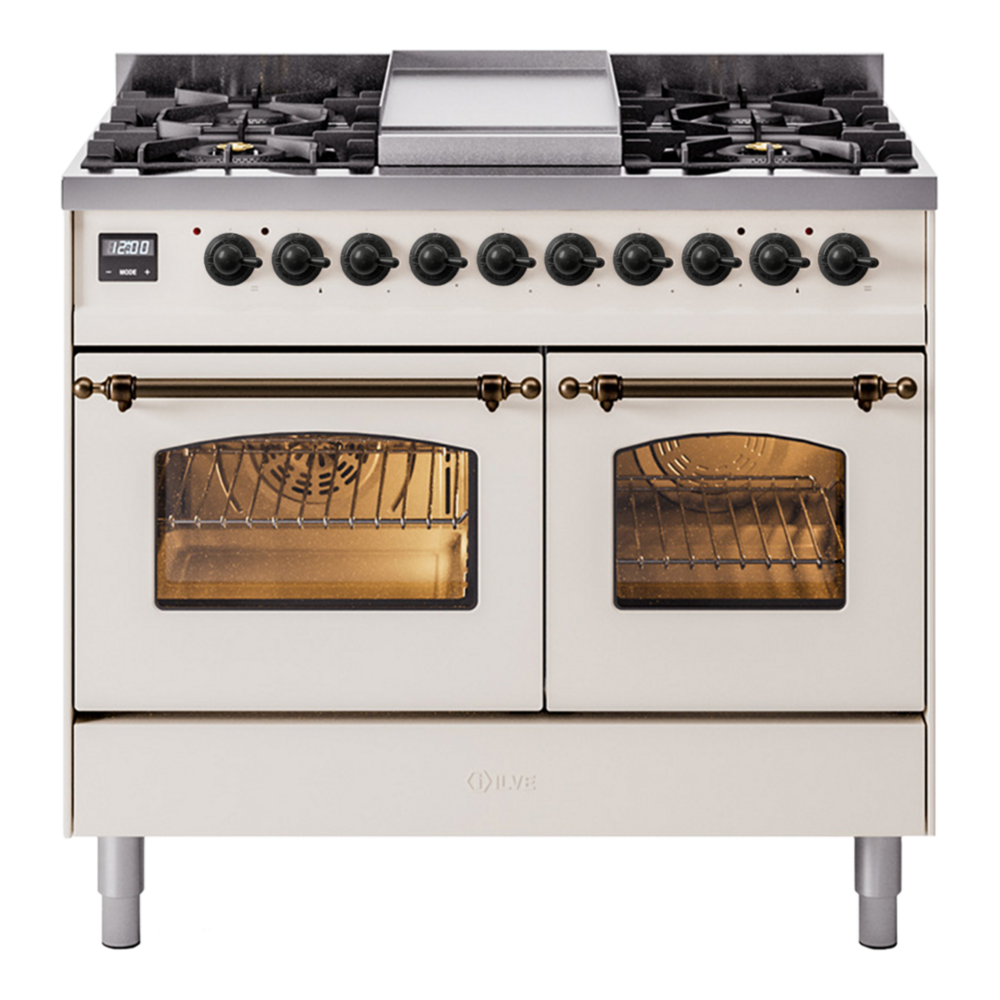 ILVE Nostalgie II 40" Dual Fuel Range - Double Ovens, 6 Burners + Griddle - Triple Glass Door - Antique White / Bronze / Natural Gas