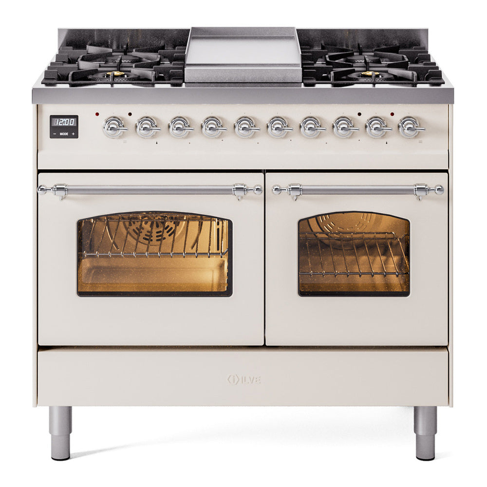 ILVE Nostalgie II 40" Dual Fuel Range - Double Ovens, 6 Burners + Griddle - Triple Glass Door - Antique White / Chrome / Natural Gas