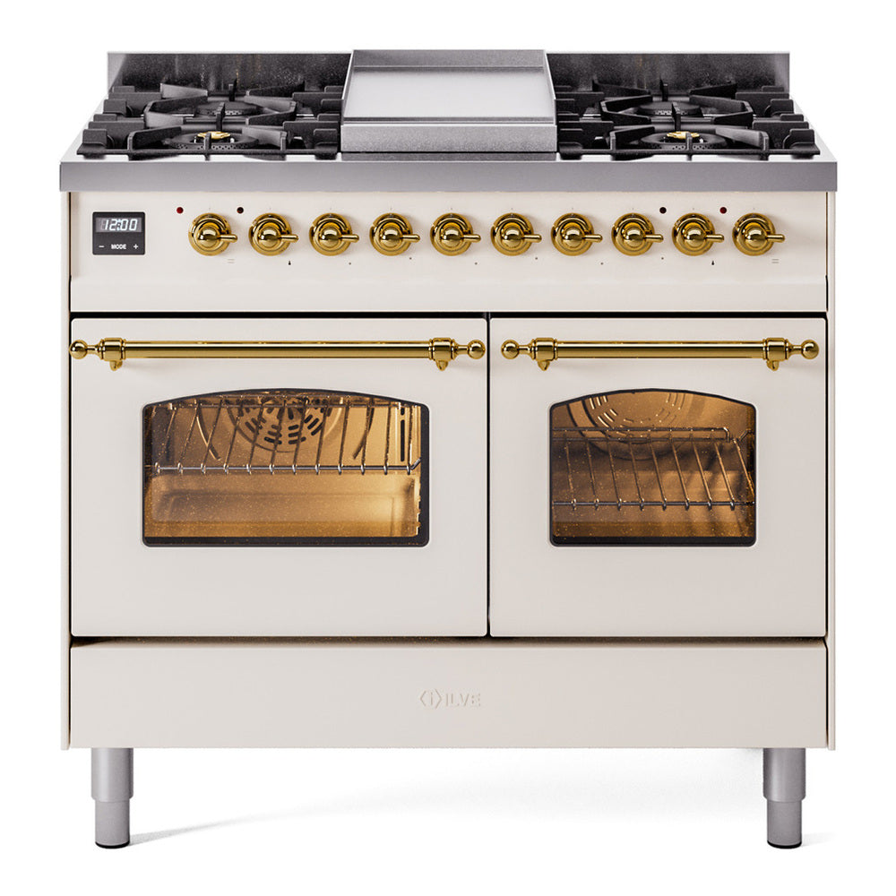 ILVE Nostalgie II 40" Dual Fuel Range - Double Ovens, 6 Burners + Griddle - Triple Glass Door - Antique White / Brass / Natural Gas