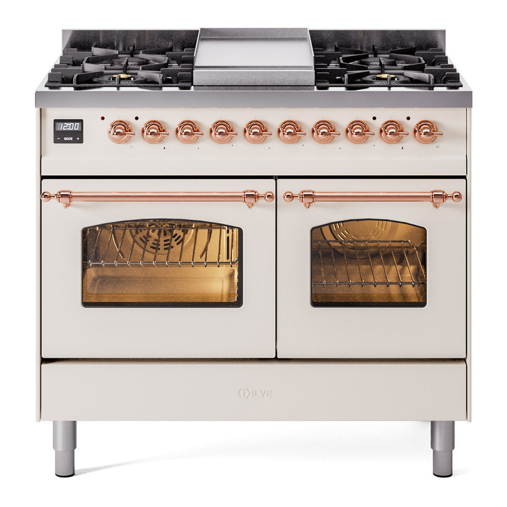 ILVE Nostalgie II 40" Dual Fuel Range - Double Ovens, 6 Burners + Griddle - Triple Glass Door - Antique White / Copper / Natural Gas