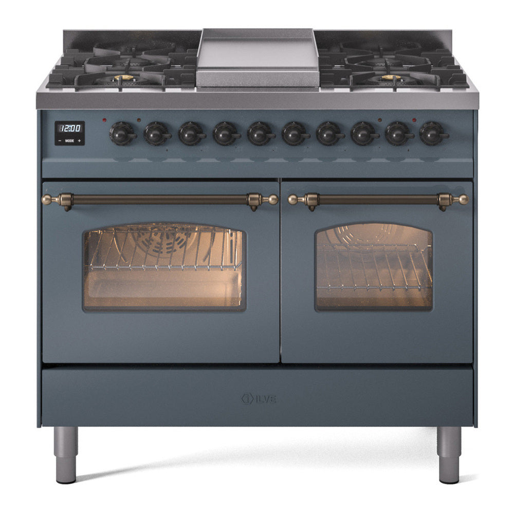 ILVE Nostalgie II 40" Dual Fuel Range - Double Ovens, 6 Burners + Griddle - Triple Glass Door - Blue Grey / Bronze / Natural Gas