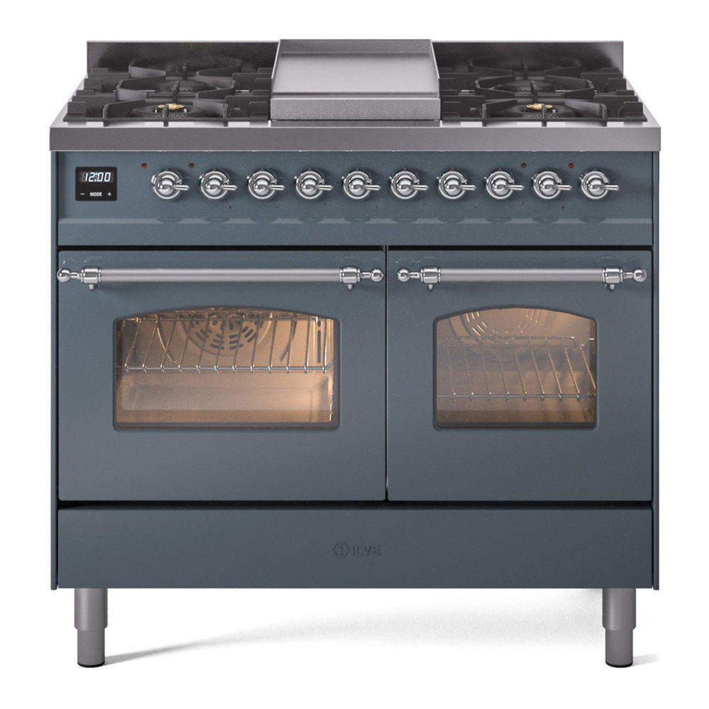 ILVE Nostalgie II 40" Dual Fuel Range - Double Ovens, 6 Burners + Griddle - Triple Glass Door - Blue Grey / Chrome / Natural Gas