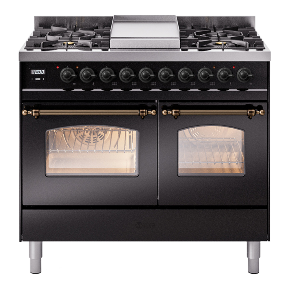 ILVE Nostalgie II 40" Dual Fuel Range - Double Ovens, 6 Burners + Griddle - Triple Glass Door - Glossy Black / Bronze / Natural Gas