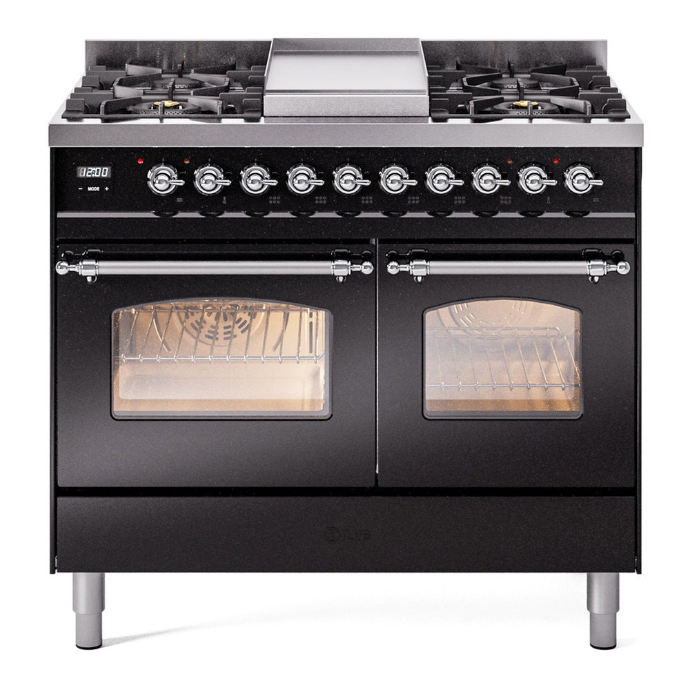 ILVE Nostalgie II 40" Dual Fuel Range - Double Ovens, 6 Burners + Griddle - Triple Glass Door - Glossy Black / Chrome / Natural Gas