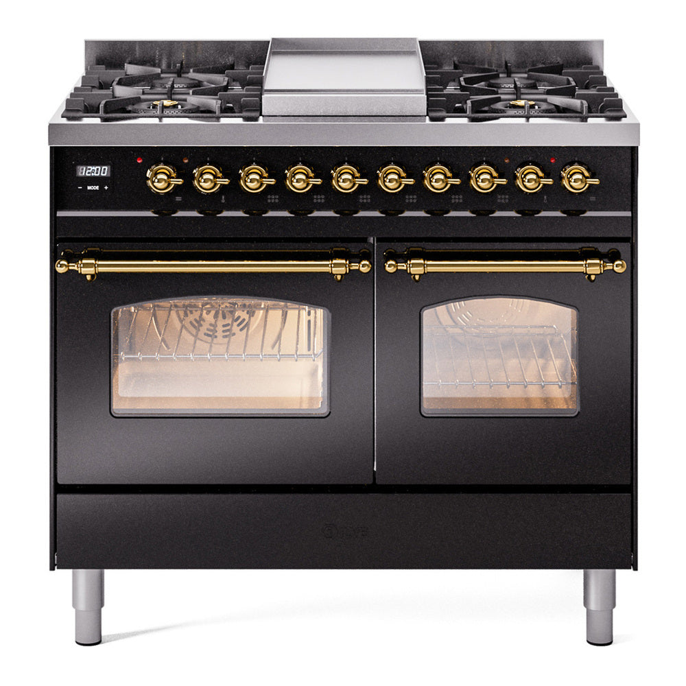 ILVE Nostalgie II 40" Dual Fuel Range - Double Ovens, 6 Burners + Griddle - Triple Glass Door - Glossy Black / Brass / Natural Gas