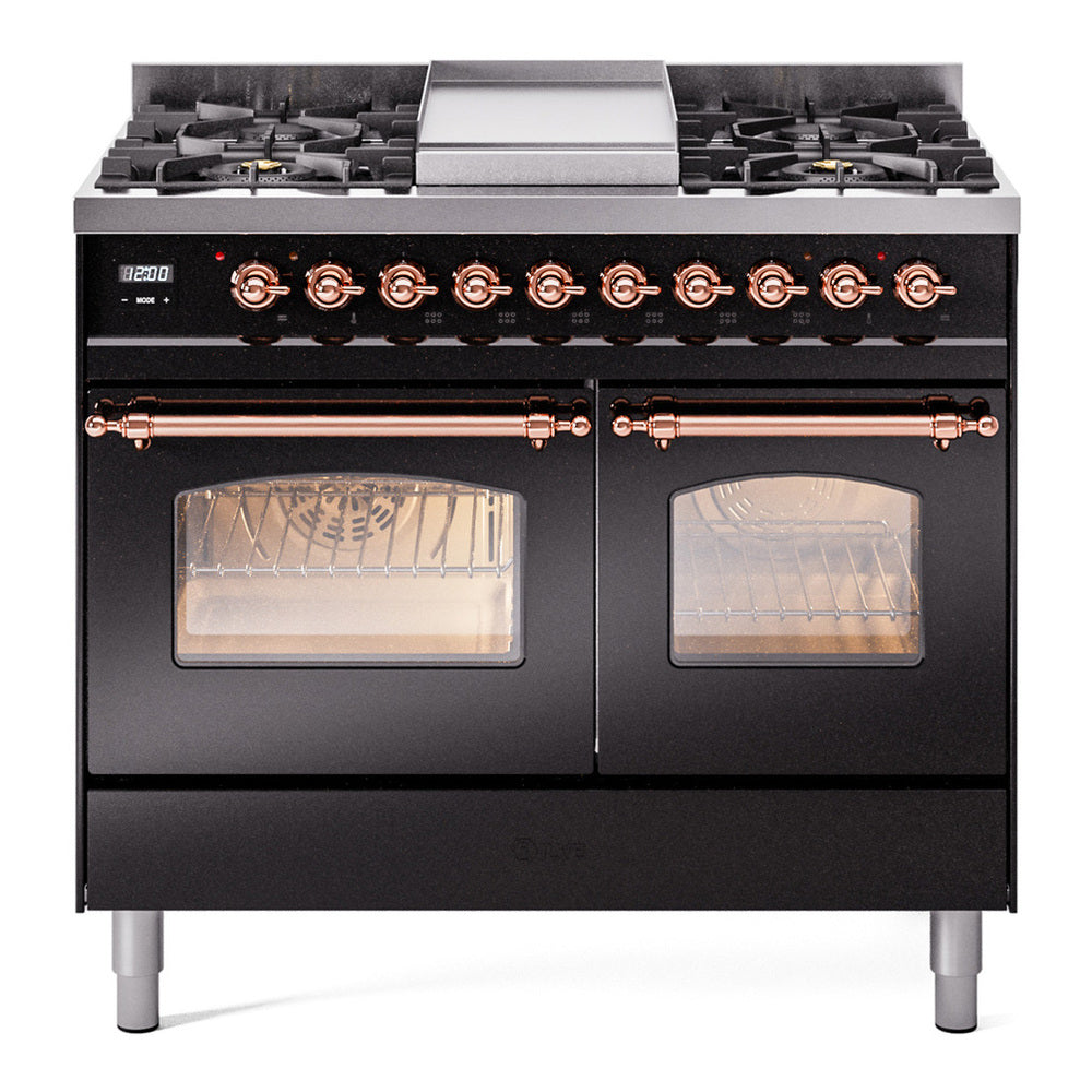 ILVE Nostalgie II 40" Dual Fuel Range - Double Ovens, 6 Burners + Griddle - Triple Glass Door - Glossy Black / Copper / Natural Gas