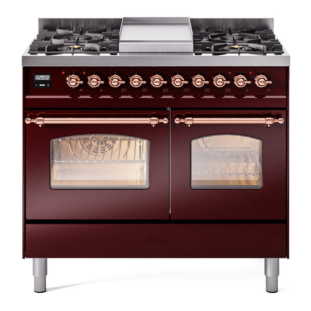 ILVE Nostalgie II 40" Dual Fuel Range - Double Ovens, 6 Burners + Griddle - Triple Glass Door - Burgundy / Copper / Natural Gas