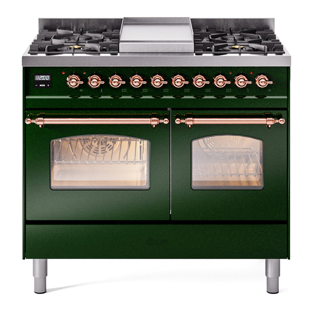 ILVE Nostalgie II 40" Dual Fuel Range - Double Ovens, 6 Burners + Griddle - Triple Glass Door - Emerald Green / Copper / Natural Gas