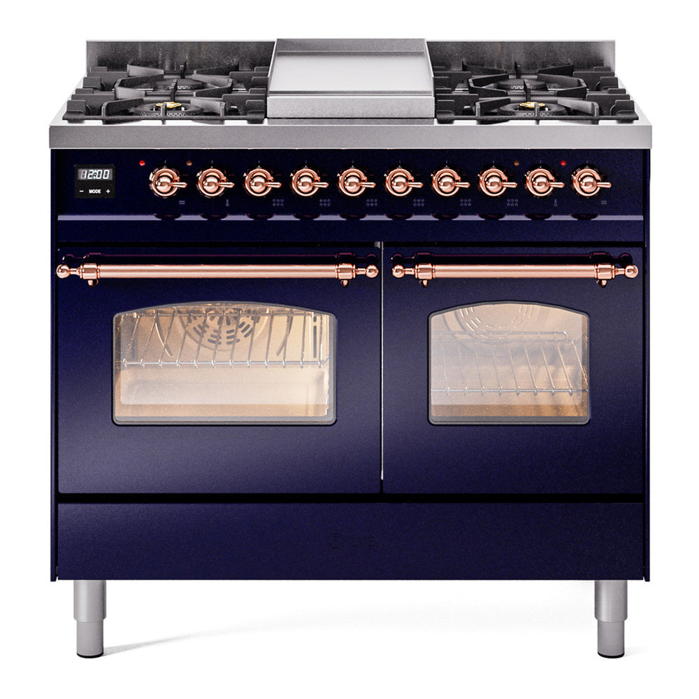ILVE Nostalgie II 40" Dual Fuel Range - Double Ovens, 6 Burners + Griddle - Triple Glass Door - Midnight Blue / Copper / Natural Gas
