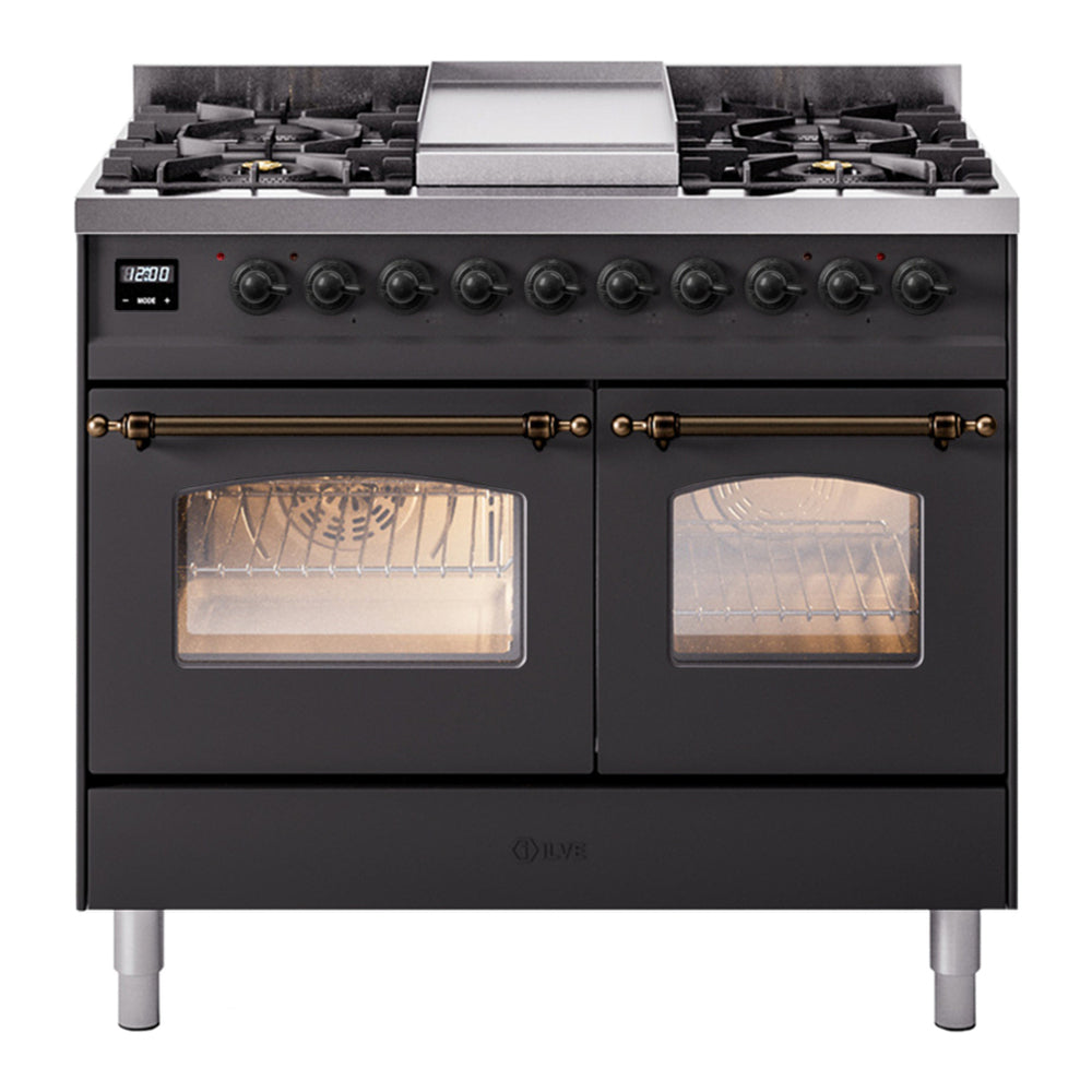 ILVE Nostalgie II 40" Dual Fuel Range - Double Ovens, 6 Burners + Griddle - Triple Glass Door - Graphite Matte / Bronze / Natural Gas