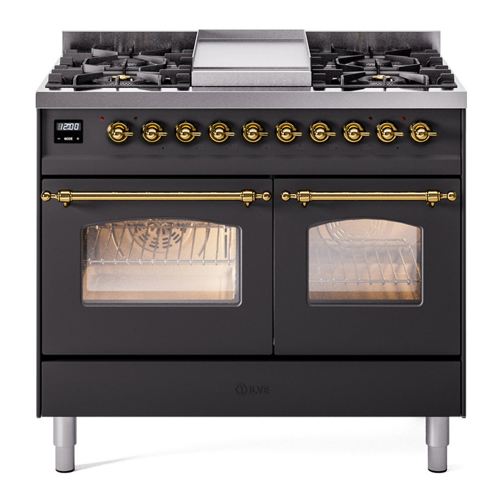 ILVE Nostalgie II 40" Dual Fuel Range - Double Ovens, 6 Burners + Griddle - Triple Glass Door - Graphite Matte / Brass / Natural Gas