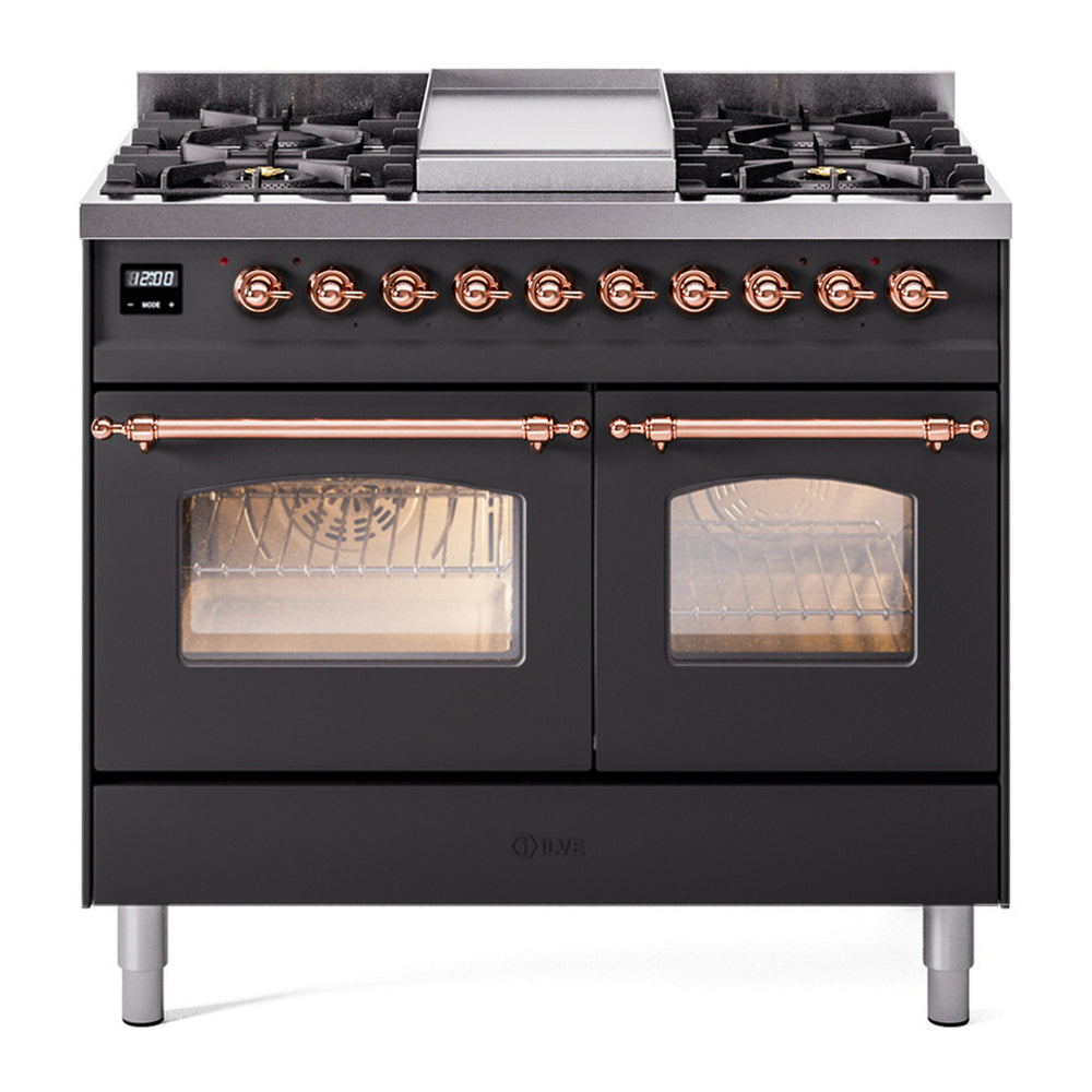 ILVE Nostalgie II 40" Dual Fuel Range - Double Ovens, 6 Burners + Griddle - Triple Glass Door - Graphite Matte / Copper / Natural Gas