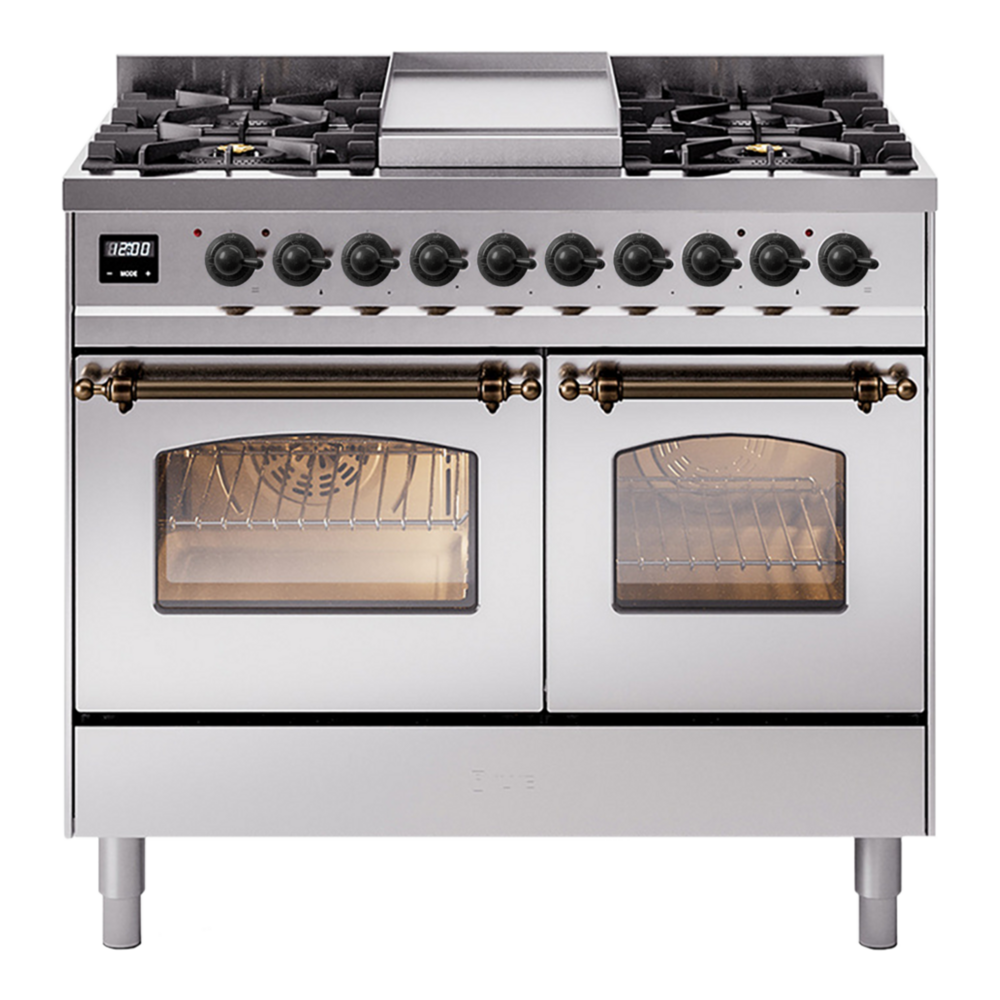ILVE Nostalgie II 40" Dual Fuel Range - Double Ovens, 6 Burners + Griddle - Triple Glass Door - Stainless Steel / Bronze / Natural Gas