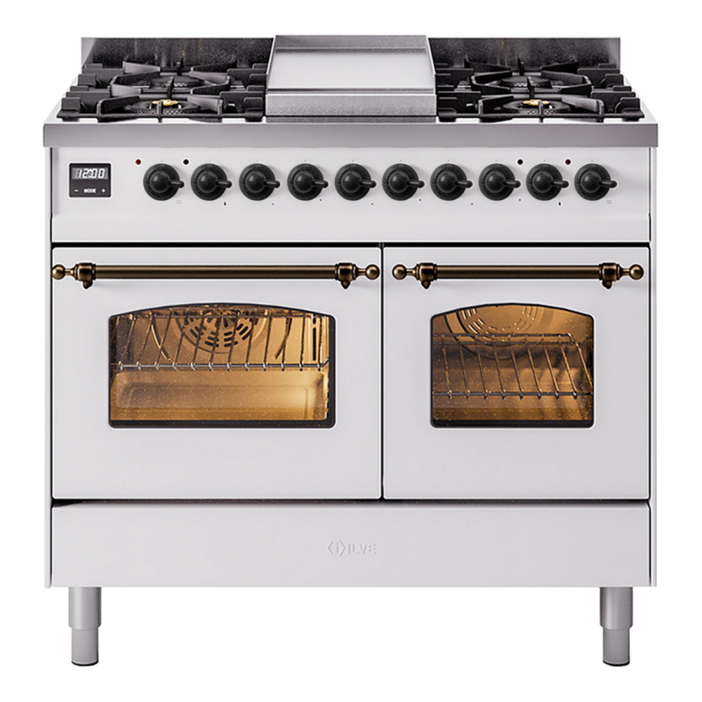 ILVE Nostalgie II 40" Dual Fuel Range - Double Ovens, 6 Burners + Griddle - Triple Glass Door - White / Bronze / Natural Gas