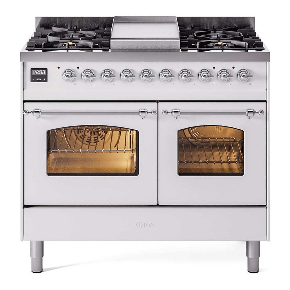 ILVE Nostalgie II 40" Dual Fuel Range - Double Ovens, 6 Burners + Griddle - Triple Glass Door - White / Chrome / Natural Gas