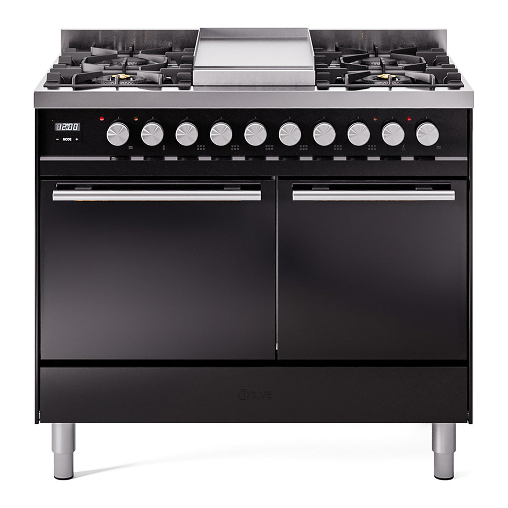 ILVE Professional Plus II 40" Dual Fuel Range - Double Ovens, 6 Burners + Griddle - Solid Door - Glossy Black / Natural Gas