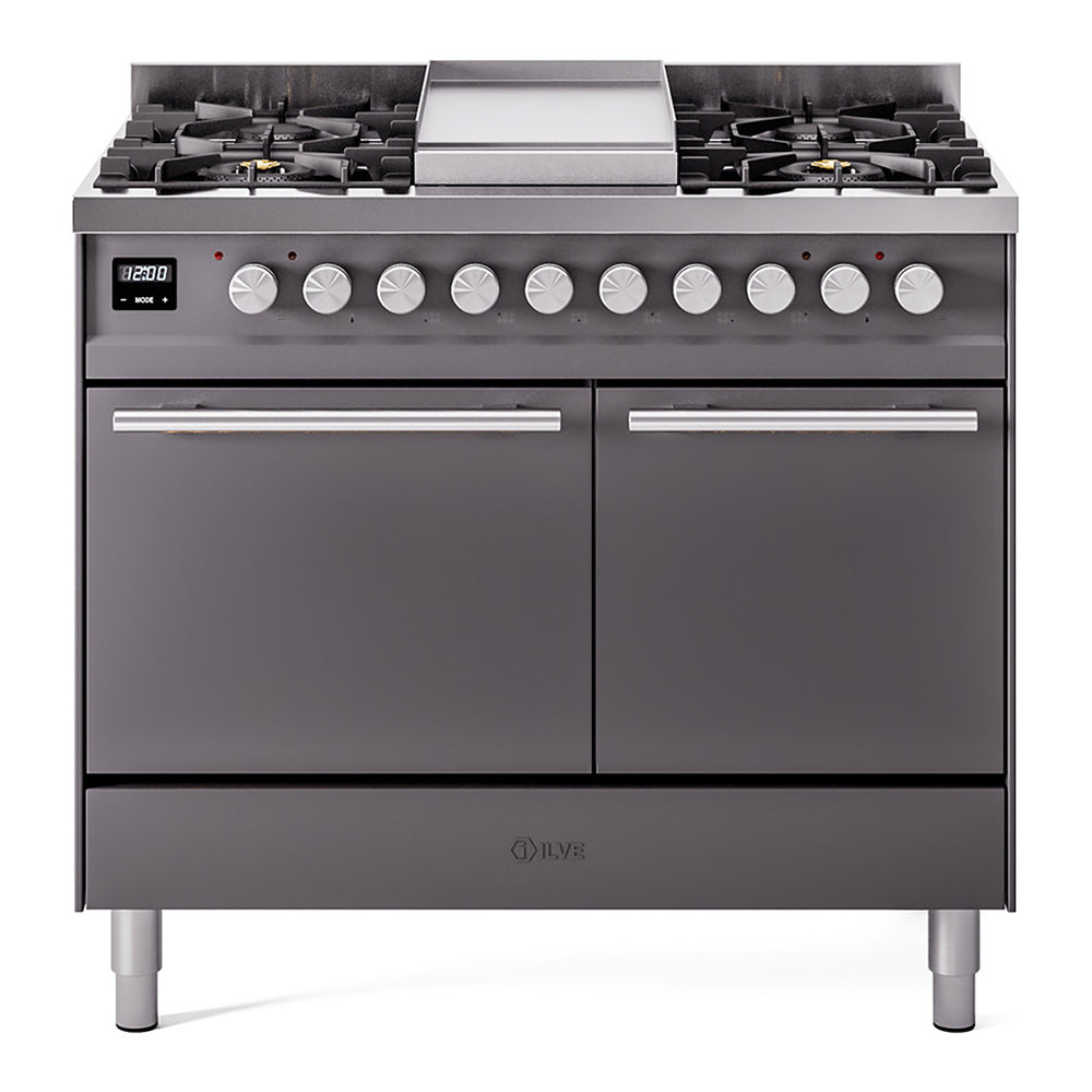 ILVE Professional Plus II 40" Dual Fuel Range - Double Ovens, 6 Burners + Griddle - Solid Door - Graphite Matte / Natural Gas