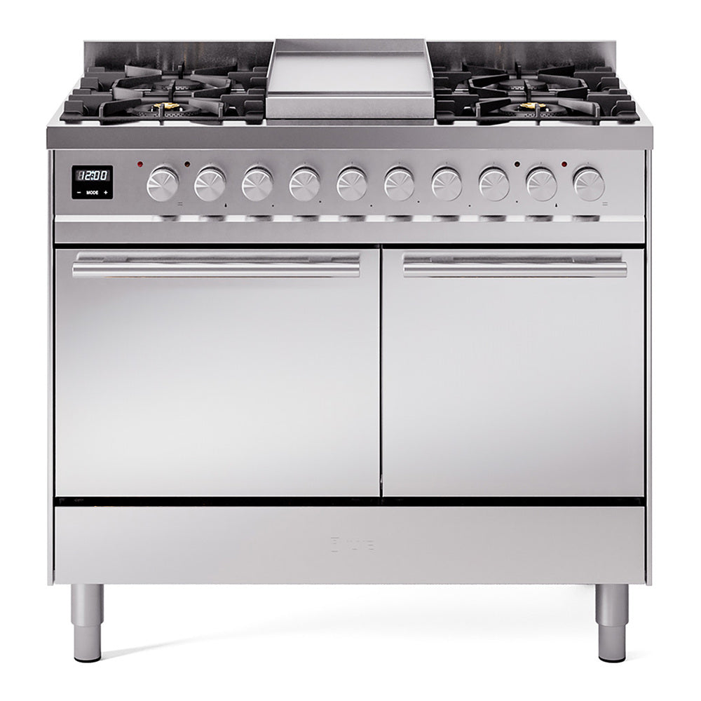 ILVE Professional Plus II 40" Dual Fuel Range - Double Ovens, 6 Burners + Griddle - Solid Door - Stainless Steel / Natural Gas