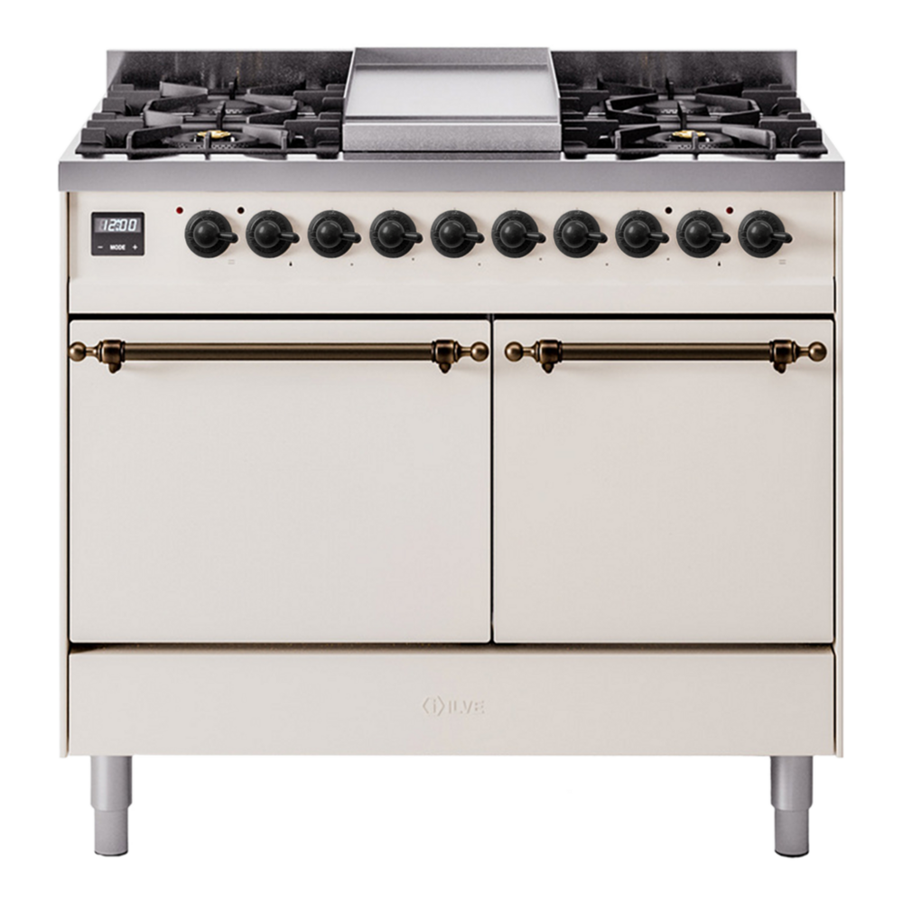 ILVE Nostalgie II 40" Dual Fuel Range - Double Ovens, 6 Burners + Griddle - Solid Door - Antique White / Bronze / Natural Gas