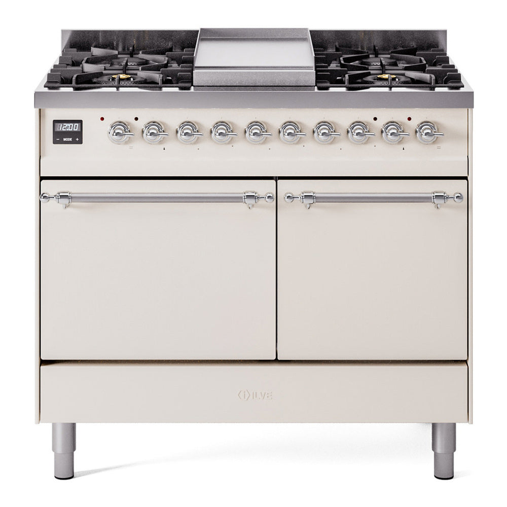 ILVE Nostalgie II 40" Dual Fuel Range - Double Ovens, 6 Burners + Griddle - Solid Door - Antique White / Chrome / Natural Gas