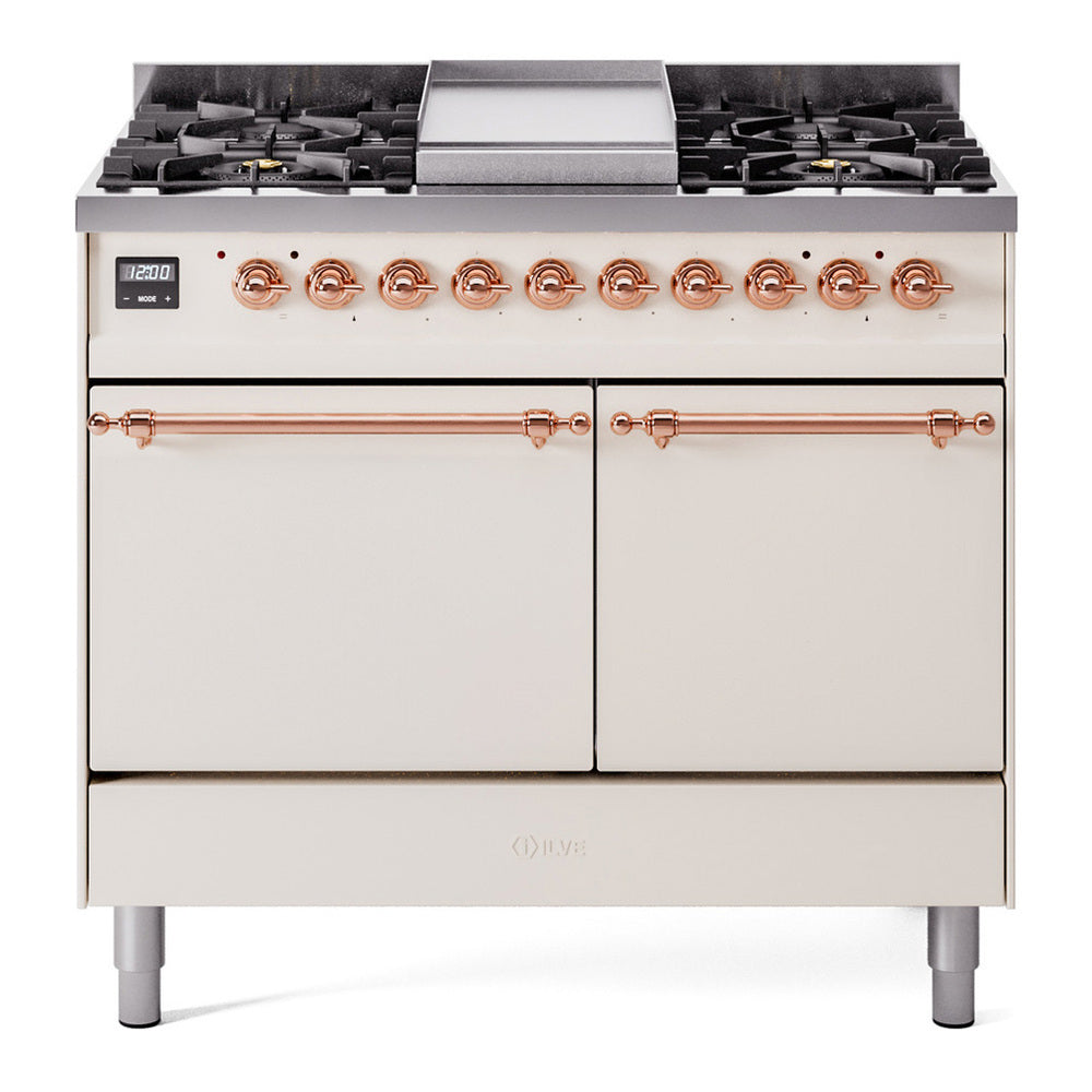 ILVE Nostalgie II 40" Dual Fuel Range - Double Ovens, 6 Burners + Griddle - Solid Door - Antique White / Copper / Natural Gas