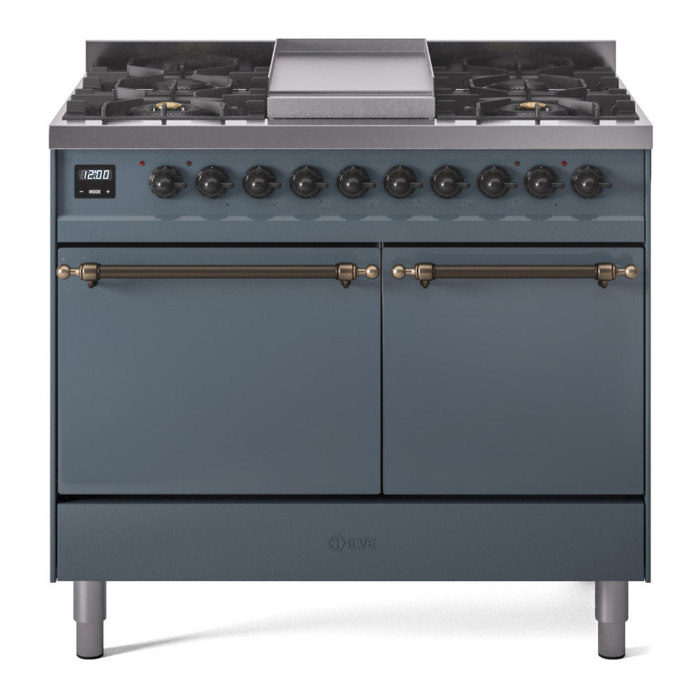 ILVE Nostalgie II 40" Dual Fuel Range - Double Ovens, 6 Burners + Griddle - Solid Door - Blue Grey / Bronze / Natural Gas