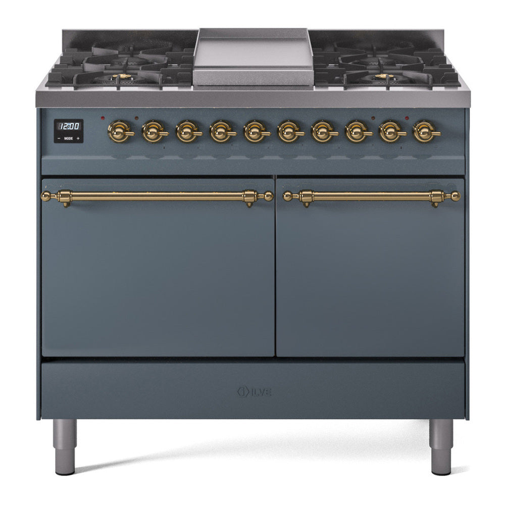 ILVE Nostalgie II 40" Dual Fuel Range - Double Ovens, 6 Burners + Griddle - Solid Door - Blue Grey / Brass / Natural Gas