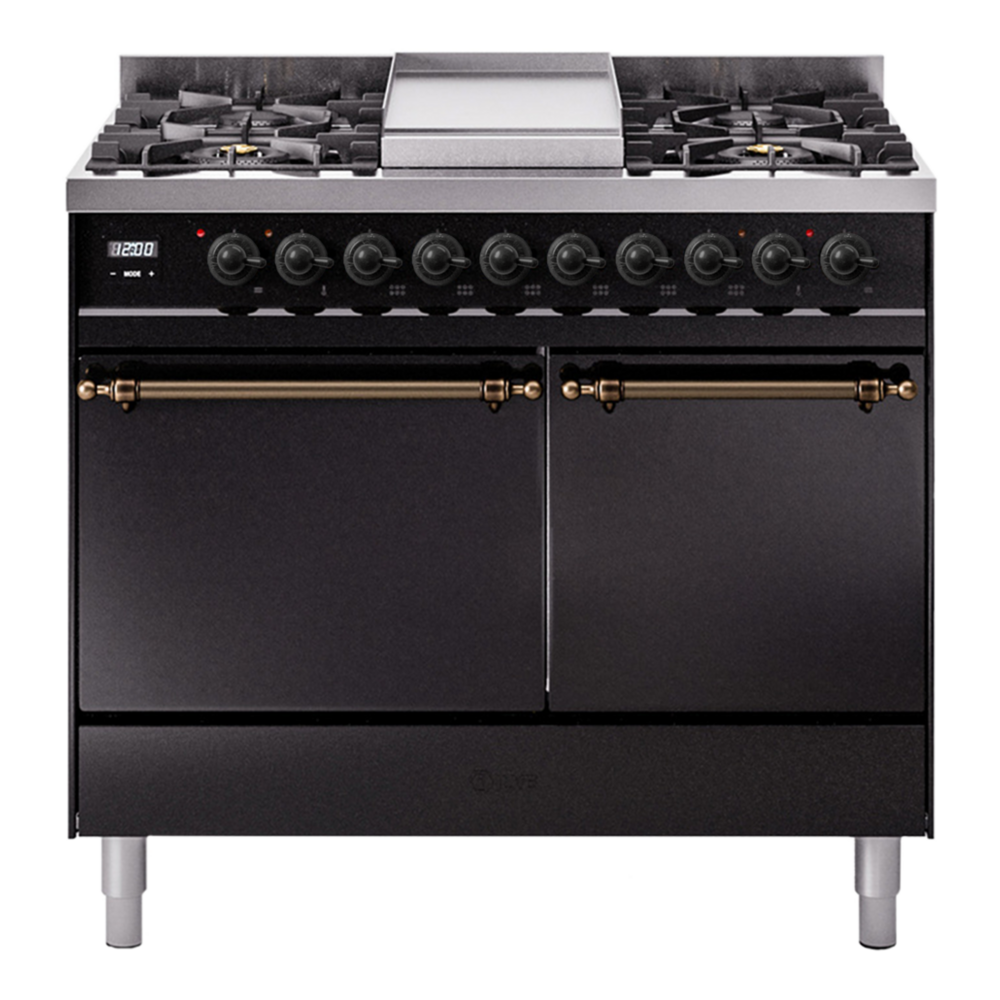 ILVE Nostalgie II 40" Dual Fuel Range - Double Ovens, 6 Burners + Griddle - Solid Door - Glossy Black / Bronze / Natural Gas