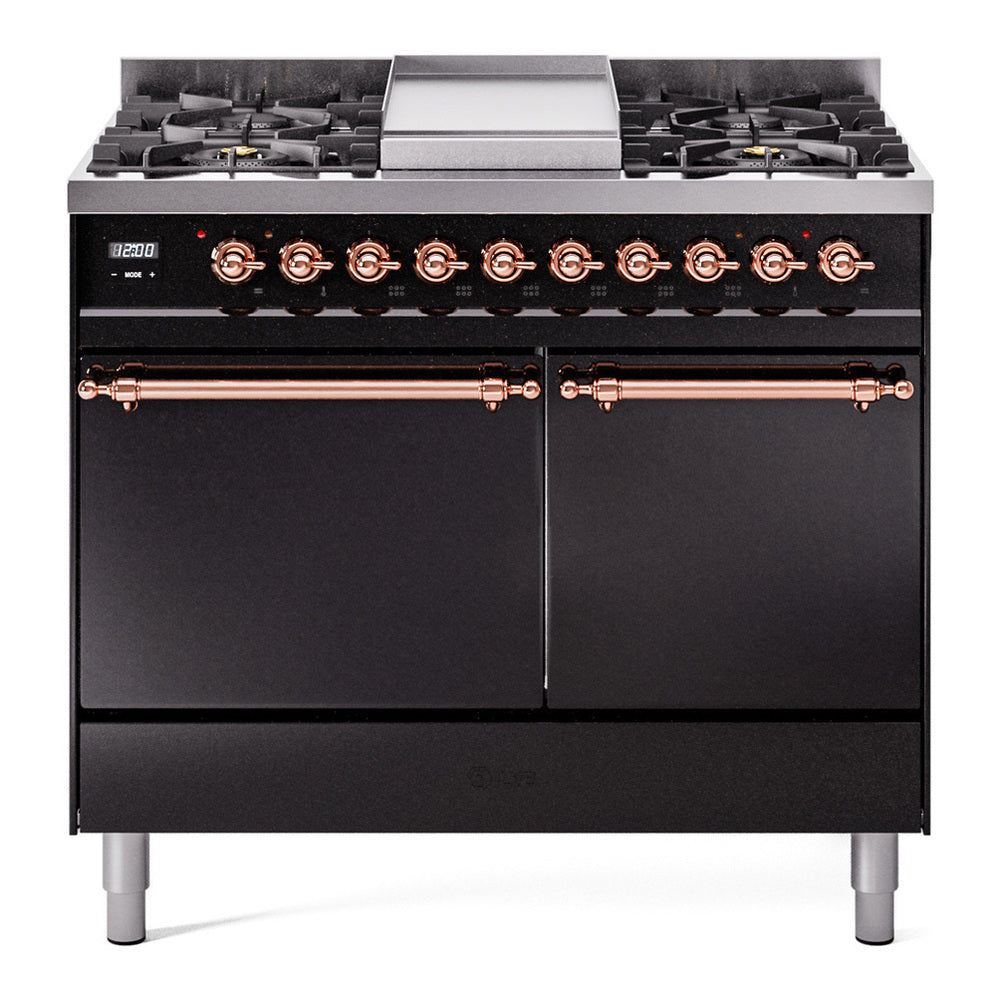 ILVE Nostalgie II 40" Dual Fuel Range - Double Ovens, 6 Burners + Griddle - Solid Door - Glossy Black / Copper / Natural Gas