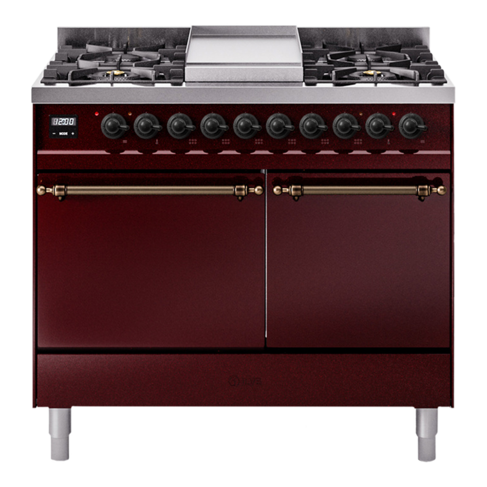 ILVE Nostalgie II 40" Dual Fuel Range - Double Ovens, 6 Burners + Griddle - Solid Door - Burgundy / Bronze / Natural Gas
